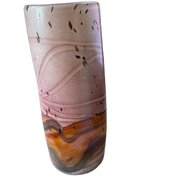 Gozo Swirled art glass Flattened Cylinder Vase sand pink tan white made in Malta - Picture 3 of 4